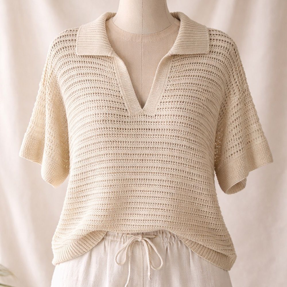 Max Studio London Open Knit Polo Sweater Cream Linen Blend Size Small